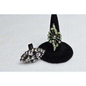 Party Rhinestones Greens/Clear 2 pc Adjustable Victorian Glam Metal Alloy Rings
